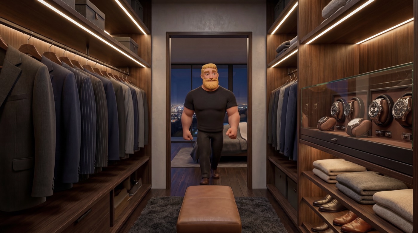 Chad walking into luxury closet